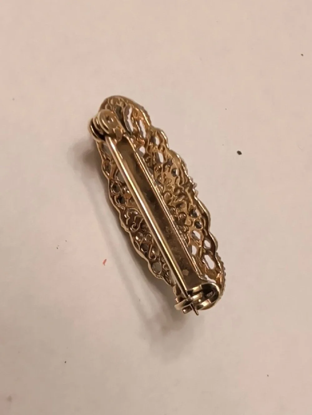 Gold Tone Filigree Brooch with Blush Pink Porcelain Rose